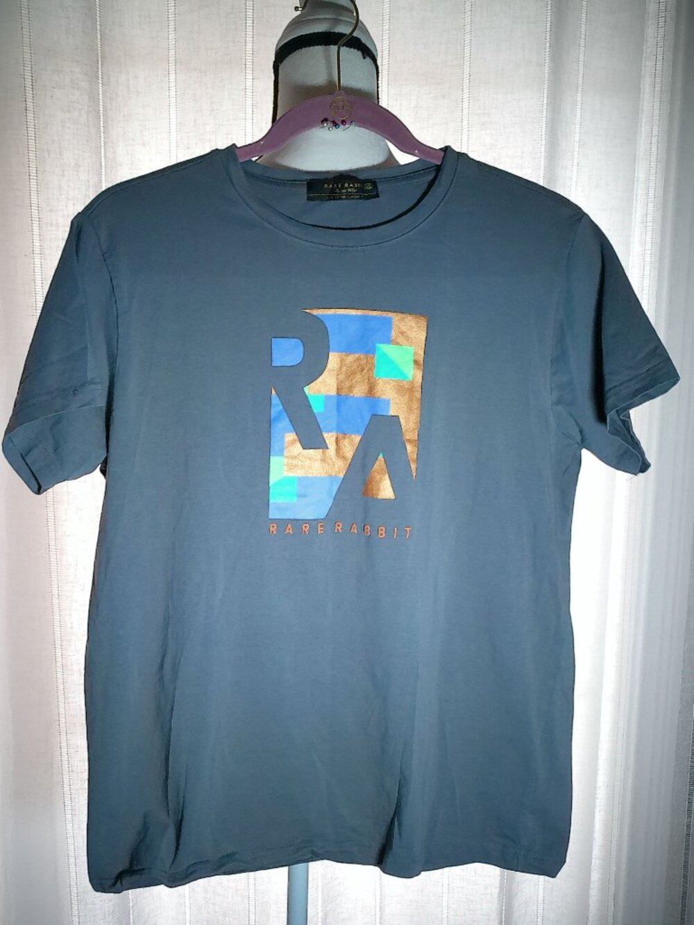 RARE RABBIT Men's Short Sleeve Crew Neck Gray/Blue Tee Shirt w/Logo M